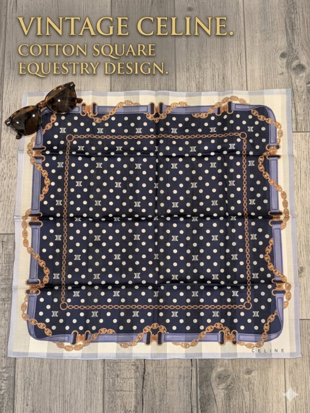Celine, Vintage Paris Equestrian Chain & Polka Dot Cotton Scarf, 18x18